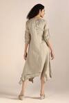 Shop_Kaveri_Beige Linen Embroidery, Lace V-neck Flower Print Asymmetric Twirl Dress _at_Aza_Fashions