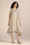 Kaveri_Beige Linen Embroidery, Lace V-neck Flower Print Asymmetric Twirl Dress _Online_at_Aza_Fashions