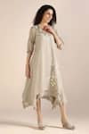 Buy_Kaveri_Beige Linen Embroidery, Lace V-neck Flower Print Asymmetric Twirl Dress _Online_at_Aza_Fashions