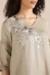 Kaveri_Beige Linen Embroidery, Lace V-neck Flower Print Asymmetric Twirl Dress _at_Aza_Fashions