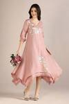 Buy_Kaveri_Pink Linen Lace V-neck Camelia Print Layered Dress _at_Aza_Fashions