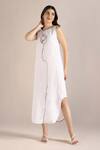 Buy_Kaveri_White Linen Embroidery Round Neck Body Roots Printed Dress _at_Aza_Fashions