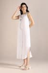 Kaveri_White Linen Embroidery Round Neck Body Roots Printed Dress _Online_at_Aza_Fashions