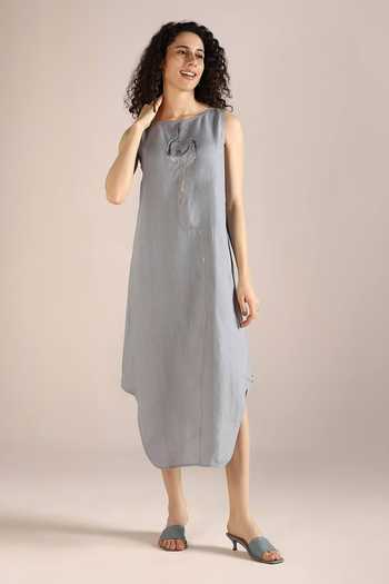 Buy_Kaveri_Blue Linen Embroidery Round Neck Abstract Print Placement Dress _at_Aza_Fashions