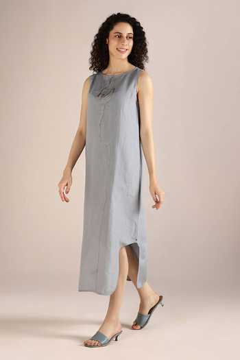Kaveri_Blue Linen Embroidery Round Neck Abstract Print Placement Dress _Online_at_Aza_Fashions