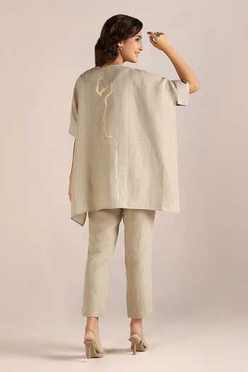 Shop_Kaveri_Beige Linen Embroidery V-neck Body Printed Square Top _at_Aza_Fashions