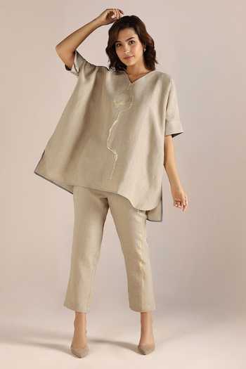Buy_Kaveri_Beige Linen Embroidery V-neck Body Printed Square Top _Online_at_Aza_Fashions