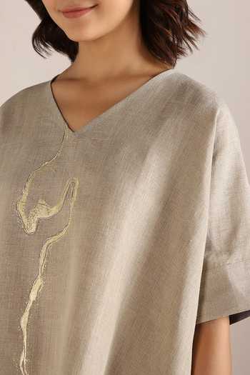 Kaveri_Beige Linen Embroidery V-neck Body Printed Square Top _at_Aza_Fashions