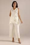 KAVERI_Off White 100% Linen Hand Honey Suckle Sunset Long Top With Pant  _Online_at_Aza_Fashions