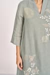 Shop_KAVERI_Green 100% Linen Hand Embroidery Floral V Honey Suckle Fly Free Tunic  _Online_at_Aza_Fashions