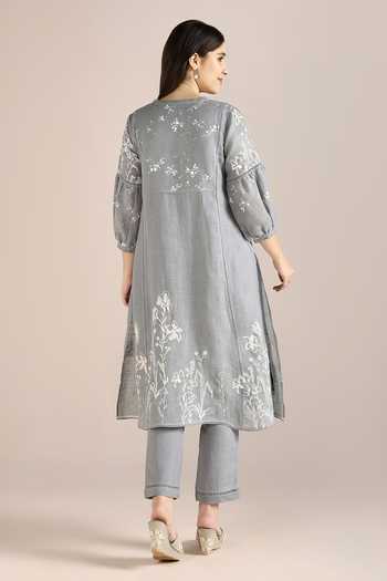 Shop_Kaveri_Blue 100% Linen Hand Drawn Floral V Savannah Fly Free Straight Tunic  _at_Aza_Fashions