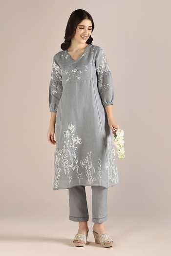 Kaveri_Blue 100% Linen Hand Drawn Floral V Savannah Fly Free Straight Tunic  _Online_at_Aza_Fashions
