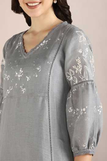 Buy_Kaveri_Blue 100% Linen Hand Drawn Floral V Savannah Fly Free Straight Tunic  _Online_at_Aza_Fashions