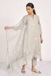 Buy_KAVERI_Grey 100% Linen Embroidered Crystal V Neck Dew Drops Floral Work Tunic  _at_Aza_Fashions