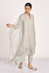 Shop_KAVERI_Grey 100% Linen Embroidered Crystal V Neck Dew Drops Floral Work Tunic  _Online_at_Aza_Fashions