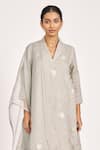 KAVERI_Grey 100% Linen Embroidered Crystal V Neck Dew Drops Floral Work Tunic  _at_Aza_Fashions