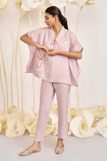 Buy_Kaveri_Purple Linen Embroidery V-neck Bamboo Grove Kaftan Top _at_Aza_Fashions