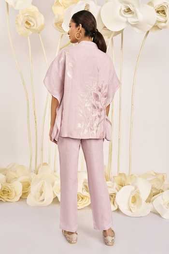 Shop_Kaveri_Purple Linen Embroidery V-neck Bamboo Grove Kaftan Top _at_Aza_Fashions
