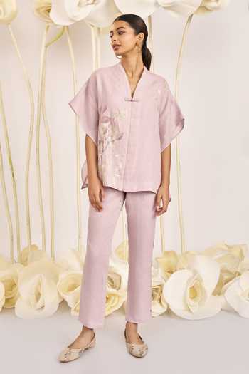 Buy_Kaveri_Purple Linen Embroidery V-neck Bamboo Grove Kaftan Top _Online_at_Aza_Fashions