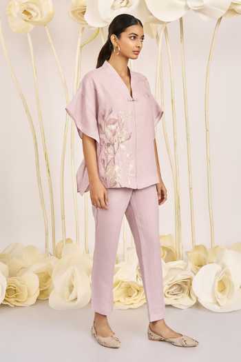 Shop_Kaveri_Purple Linen Embroidery V-neck Bamboo Grove Kaftan Top _Online_at_Aza_Fashions