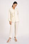 Buy_Kaveri_Off White Linen Embroidery V-neck Bamboo Grove Floral And Leaf Jacket _at_Aza_Fashions