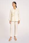 Kaveri_Off White Linen Embroidery V-neck Bamboo Grove Floral And Leaf Jacket _Online_at_Aza_Fashions