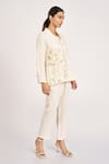 Buy_Kaveri_Off White Linen Embroidery V-neck Bamboo Grove Floral And Leaf Jacket _Online_at_Aza_Fashions