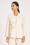 Shop_Kaveri_Off White Linen Embroidery V-neck Bamboo Grove Floral And Leaf Jacket _Online_at_Aza_Fashions
