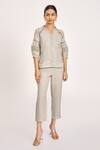 Buy_Kaveri_Grey Linen, Silk Organza Embroidery Round Neck Heart Strings Kismat Top _at_Aza_Fashions