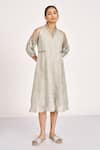 Buy_Kaveri_Grey Linen, Silk Organza Embroidery High Neck Heart Strings Marie Dress_at_Aza_Fashions