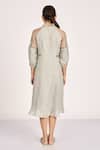 Shop_Kaveri_Grey Linen, Silk Organza Embroidery High Neck Heart Strings Marie Dress_at_Aza_Fashions
