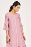 Kaveri_Purple Linen Embroidery, Lace Round Neck Rosette Thread Tiered Dress _Online_at_Aza_Fashions