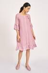 Buy_Kaveri_Purple Linen Embroidery, Lace Round Neck Rosette Thread Tiered Dress _Online_at_Aza_Fashions