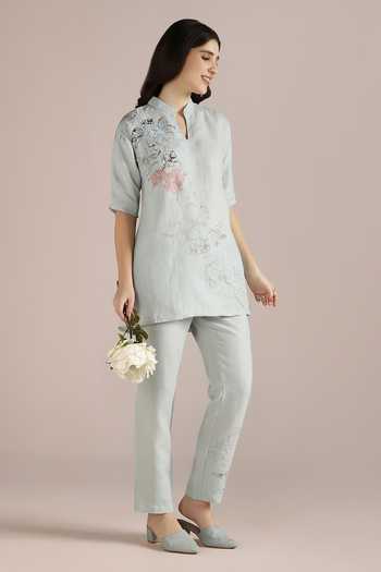 Kaveri_Blue Linen Embroidery Collared Poppy Jane Floral Pattern Top _Online_at_Aza_Fashions