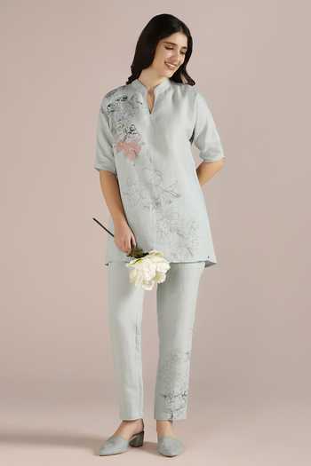 Buy_Kaveri_Blue Linen Embroidery Collared Poppy Jane Floral Pattern Top _Online_at_Aza_Fashions