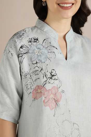 Shop_Kaveri_Blue Linen Embroidery Collared Poppy Jane Floral Pattern Top _Online_at_Aza_Fashions