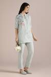 Buy_Kaveri_Blue Linen Embroidery Collared, Split Poppy Jane Floral Pattern Top With Pant _at_Aza_Fashions