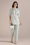 Kaveri_Blue Linen Embroidery Collared, Split Poppy Jane Floral Pattern Top With Pant _Online_at_Aza_Fashions
