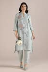 Buy_Kaveri_Blue Linen Embroidery Collared Poppy Fly Free Tunic With Pant _at_Aza_Fashions
