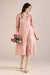 Buy_Kaveri_Pink Linen Embroidery Square Neck Camelia Floral Pattern Dress _at_Aza_Fashions