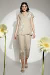 Buy_Kaveri_Beige Linen Embroidery Collared, V-neck Sundial Wave Top _at_Aza_Fashions