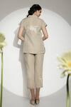 Shop_Kaveri_Beige Linen Embroidery Collared, V-neck Sundial Wave Top _at_Aza_Fashions