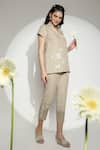 Kaveri_Beige Linen Embroidery Collared, V-neck Sundial Wave Top _Online_at_Aza_Fashions