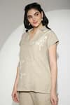 Buy_Kaveri_Beige Linen Embroidery Collared, V-neck Sundial Wave Top _Online_at_Aza_Fashions