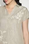 Shop_Kaveri_Beige Linen Embroidery Collared, V-neck Sundial Wave Top _Online_at_Aza_Fashions