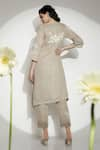 Shop_KAVERI_Beige 100% Linen Embroidered Thread V Neck Fly Free Tunic  _at_Aza_Fashions