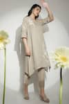 KAVERI_Beige 100% Linen Embroidered Thread V Neck Fly Free Tunic  _Online_at_Aza_Fashions