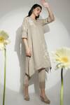 Buy_Kaveri_Beige 100% Linen Embroidered Thread V Neck Fly Free Anchor Tunic And Pant Set _at_Aza_Fashions
