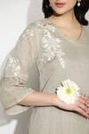 Kaveri_Beige 100% Linen Embroidered Thread V Neck Fly Free Anchor Tunic And Pant Set _at_Aza_Fashions