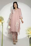 Buy_KAVERI_Pink 100% Linen Embroidered Thread V Neck Fly Free Asymmetric Tunic  _at_Aza_Fashions